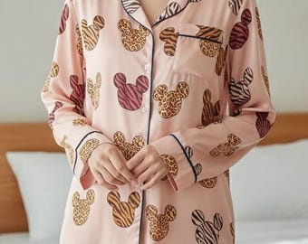 Mickey Mouse Head Ears Leopard Satin Pajamas Set, Animal Kingdom Safari Mode Pajamas, Disneyland Family Matching Pjs, Magic Kingdom Pajamas
