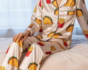 Fast Food Print Satin Pajama Set, Taco Bell Pajamas Set, Taco Bell Pajamas Set, Funny Taco PJs for Food Lovers, Fast Food Fries Sleepwear