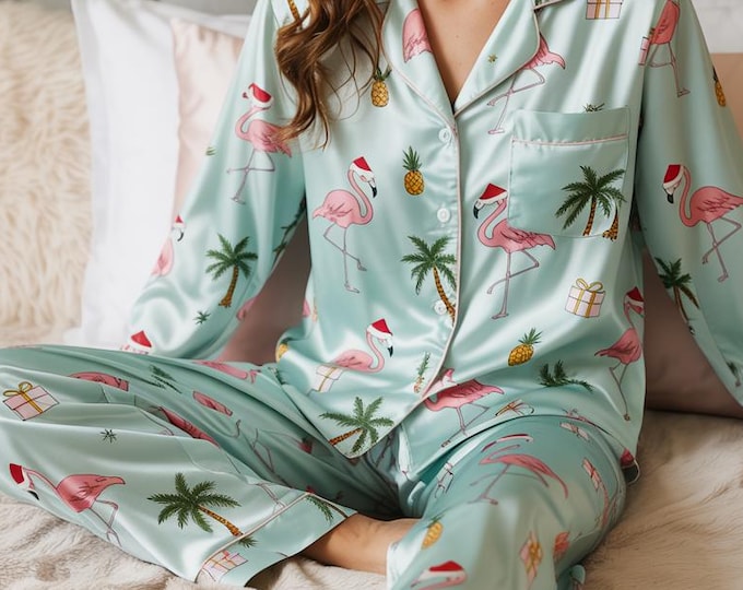 Tropical Flamingo Palm Tree Christmas Satin Pajamas Set, Beach Christmas Satin Pajamas, Christmas Loungewear, Matching Family Xmas Sleepwear