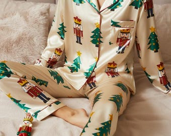 Nutcracker Christmas Tree Satin Pajamas Set, Christmas Pajamas, Christmas Nutcracker Pajamas, Nutcracker Pajamas, Family Christmas Pajamas