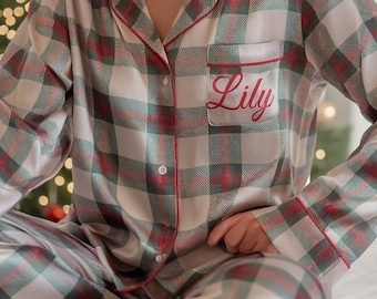 Personalized Name Family Christmas Matching Plaid Satin Pajamas Set, Family Xmas Pajamas, Family Matching Pajamas, Family Christmas Pajamas