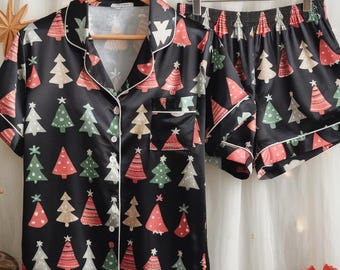 Christmas Trees Satin Pajamas Set, Cute Christmas Pajamas, Pine Trees Pajamas, Christmas Pjs, Family Christmas Pajamas, Cozy Season Pajama