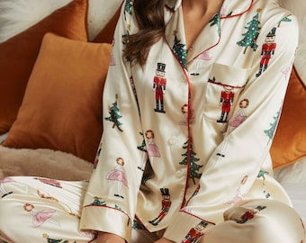 Nutcracker Ballet Satin Pajamas Set, Christmas Pajamas, Christmas Nutcracker Pajamas, Nutcracker Pajamas, Family Christmas Cozy Season Pjs