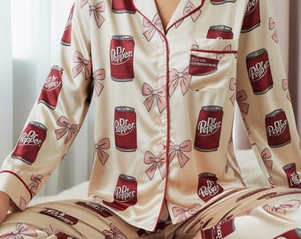 Coquette Dr Pepper Satin Pajamas Set, Dr Pepper Soda Lover Pajamas, Drinks Lover Loungewear, Diet Pepper Sleepwear, Gift for Dr Pepper Lover