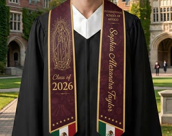 Étole de remise des diplômes mexicaine personnalisée, nom personnalisé drapeau Mexique motif ceinture, ceinture mexicaine catholique pour diplômés, étole de la Vierge de Guadalupe