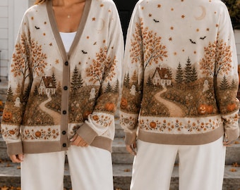 Gilet d'automne style cottagecore, Gilet rétro, Tenue automnale joyeuse, Pull champêtre, Vêtements de fêtes, Vêtements aux feuilles d'automne