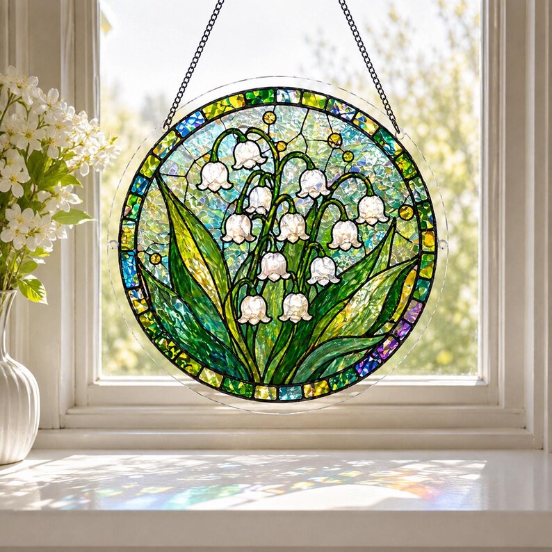 Pu&ograve; includere: Un acchiappasole circolare in vetro colorato raffigurante fiori bianchi di mughetto con foglie verdi su uno sfondo strutturato. Il pezzo &egrave; incorniciato da un bordo decorativo di piccoli segmenti di vetro verde, blu e giallo e pende da una catena.