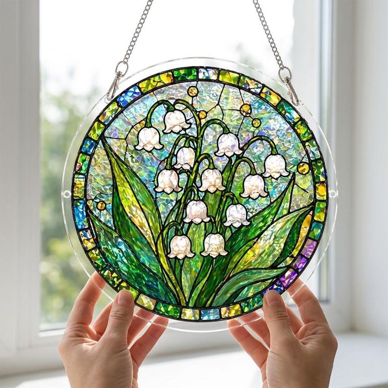 Pu&ograve; includere: Un acchiappasole circolare in vetro colorato raffigurante fiori bianchi di mughetto con foglie verdi su uno sfondo testurizzato iridescente. Il pezzo &egrave; incorniciato da un bordo di piccole tessere di vetro verdi e blu e pende da una catena.