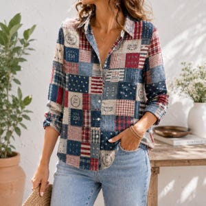 May include: A long-sleeved button-down shirt featuring a patchwork pattern of red, white, and blue squares. The design includes stars, stripes, and circular stamps with the text USA 250. The shirt is paired with light blue denim jeans.