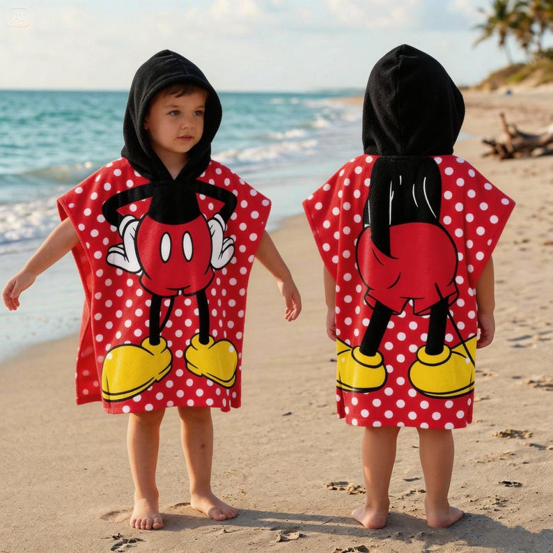 May include: Red and white polka dot hooded beach towel featuring a Mickey Mouse design. The towel has a black hood, and the Mickey Mouse graphic includes yellow shoes and white gloves. The towel is designed for children.