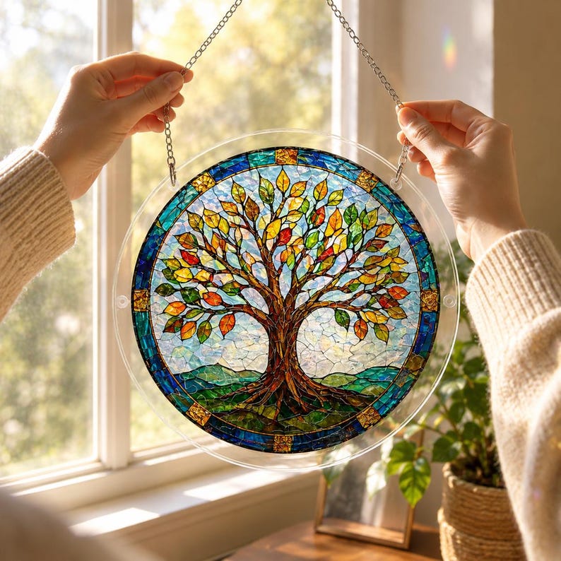 Pu&ograve; includere: Un acchiappasole circolare con un design dell'albero della vita in stile vetrata con foglie multicolori nelle tonalit&agrave; del rosso, arancione, giallo e verde. L'albero ha un tronco e radici marroni, su uno sfondo di cielo blu e colline verdi.