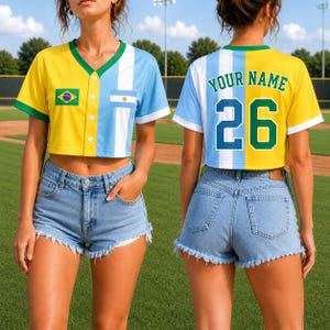 Camisa de beisebol cropped personalizada com duas bandeiras, camisa binacional personalizada com nome e número, camisa de beisebol personalizada metade bandeira e metade branca, presentes de futebol