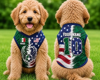 Gepersonaliseerde voetbalshirt voetbal half VS half Mexico, aangepast voetbalshirt hond/kat met naamnummer, binationale voetbalshirt Mexico VS