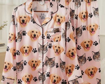 Set pigiama in raso personalizzato con volto di cane e gatto, pigiama con ritratto di animale domestico personalizzato, pigiama con foto di gatto personalizzato, pigiama con foto di animale domestico, pigiama con foto di cane