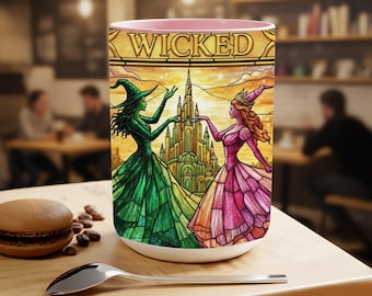 Tazza in finto vetro colorato Wicked, tazza Wicked di Elphaba e Glinda, tazza da caffè in ceramica Wicked, tazza Wicked, regali musicali Wicked, regalo per i migliori amici