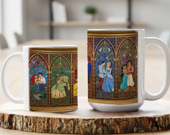 Disney Prince and Princess Faux Stained Glass Mug, Couple Disney Coffee Cup, Husband Wife Anniversary Gift, Princess & Prince Valentine Mug