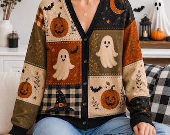 Gilet patchwork citrouille vintage, pull fantôme effrayant, gilet d'automne, gilet d'Halloween, pull pour la saison des frissons, tenue pour la chasse aux bonbons