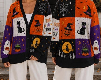 Gilet patchwork rétro pour Halloween, pull chat noir, gilet Halloween « Des bonbons ou un sort », pull pour la saison des frissons, gilet sorcière, tenue d'automne