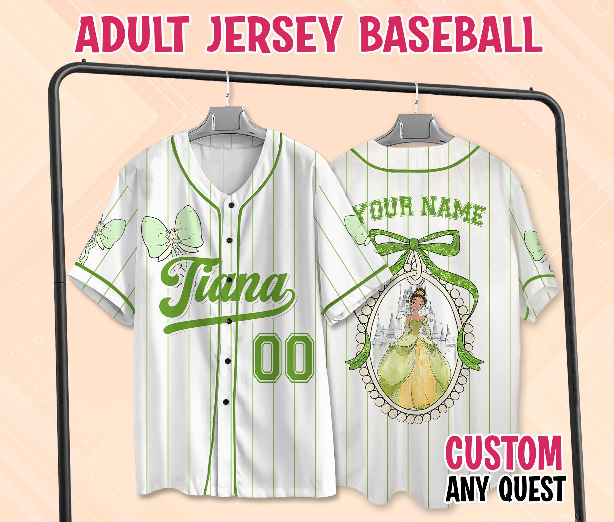 Custom Coquette Bow Disney Princess Tiana Baseball Jersey, Princess and the Frog Jersey, Tiana Baseball Jersey, Princess Bow Tiana Jersey