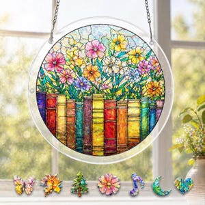 Kit fai da te per puzzle acchiappasole floreale per libreria, acchiappasole floreale, decorazione acrilica da appendere alla finestra, regalo per amanti dei libri, decorazione a tema libri per la sala lettura.