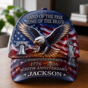 Könnte beinhalten: Eine Baseballkappe mit einem Weißkopfseeadler, der Liberty Bell und der Freiheitsstatue vor einer US-Flagge. Der Text lautet: LAND OF THE FREE HOME OF THE BRAVE, UNITED STATES OF AMERICA, 1776-2026, 250TH ANNIVERSARY und JACKSON.