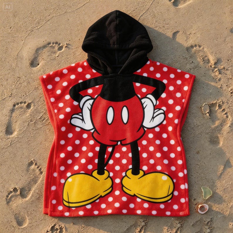 May include: A red and white polka-dot hooded beach towel featuring a Mickey Mouse design. The towel has a black hood and a large Mickey Mouse graphic on the front, with yellow shoes and white gloves.