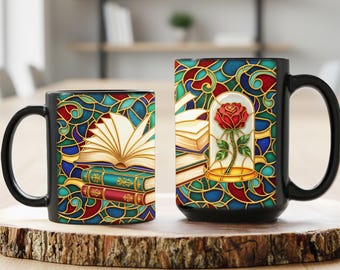 Taza de vitral con diseño de la Bella y la Bestia, con diseño de libro y decoración de estilo literario, taza de cerámica con diseño de libro de Bella.