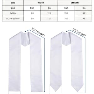 Puede incluir: Una estola de graduaci&oacute;n blanca para adultos en dos estilos, con extremo plano y puntiagudo. Una tabla de tallas muestra dimensiones de 12,7 cm de ancho y 198,1 cm de largo. El texto ADULT GRADUATION STOLE aparece arriba con etiquetas de ancho y largo.