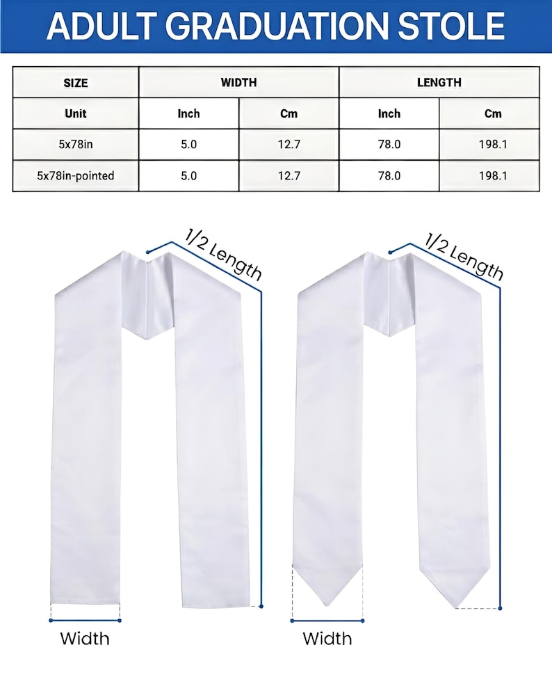Puede incluir: Una estola de graduaci&oacute;n blanca para adultos en dos estilos, con extremo plano y puntiagudo. Una tabla de tallas muestra dimensiones de 12,7 cm de ancho y 198,1 cm de largo. El texto ADULT GRADUATION STOLE aparece arriba con etiquetas de ancho y largo.