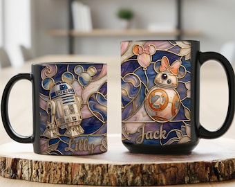 Taza personalizada de pareja de Star Wars R2D2 BB8, regalo de aniversario de Disney Star Wars, taza de vitral falso de pareja de Star Wars, luna de miel en Disneyland
