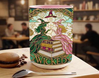 Taza de vitral falso Wicked, taza Wicked de Elphaba y Glinda, taza de café de cerámica Wicked, regalos de El Mago de Oz: El Musical, regalo para mejores amigos