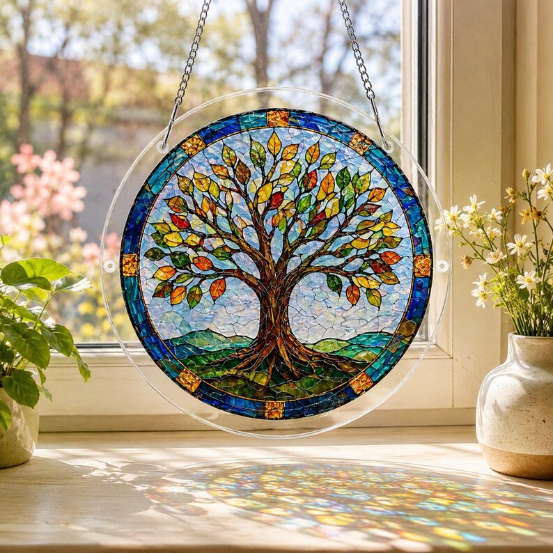 Pu&ograve; includere: Un acchiappasole circolare in vetro colorato raffigurante un albero con foglie multicolori nelle tonalit&agrave; del rosso, arancione, giallo e verde. L'albero &egrave; su uno sfondo azzurro con colline verdi alla base, racchiuso in un bordo blu.
