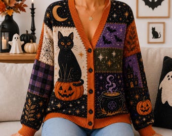 Gilet rétro patchwork d'Halloween, pull chat noir, gilet citrouille, lune et chauve-souris, pull d'automne, tenue gothique