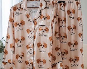 Set pigiama in raso personalizzato con ritratto di animali domestici, pigiama personalizzato con foto e nome di animali domestici, pigiama con foto di cani, pigiama con foto di gatti personalizzati, pigiama con foto di animali domestici