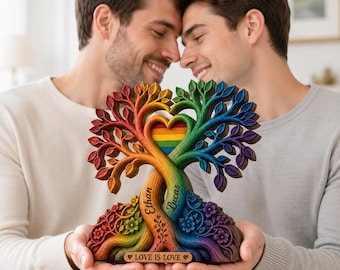 Personalized LGBT Tree of Love Wooden Block, Custom Couple Name Couple Heart Tree Plaque, LGBTQ Wedding Anniversary Gifts, Gay Couple Gifts