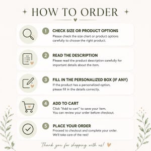 Pu&ograve; includere: Un grafico di istruzioni intitolato HOW TO ORDER con cinque passaggi numerati. Le icone includono una lente d'ingrandimento, una lista, una matita, un carrello e un segno di spunta. Il testo descrive come controllare le opzioni, leggere le descrizioni, compilare la personalizzazione, aggiungere al carrello ed effettuare l'ordine.