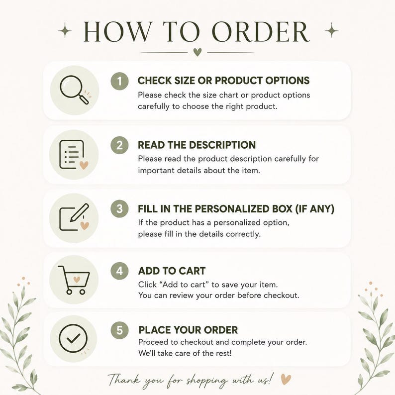 Pu&ograve; includere: Un grafico di istruzioni intitolato HOW TO ORDER con cinque passaggi numerati. Le icone includono una lente d'ingrandimento, una lista, una matita, un carrello e un segno di spunta. Il testo descrive come controllare le opzioni, leggere le descrizioni, compilare la personalizzazione, aggiungere al carrello ed effettuare l'ordine.