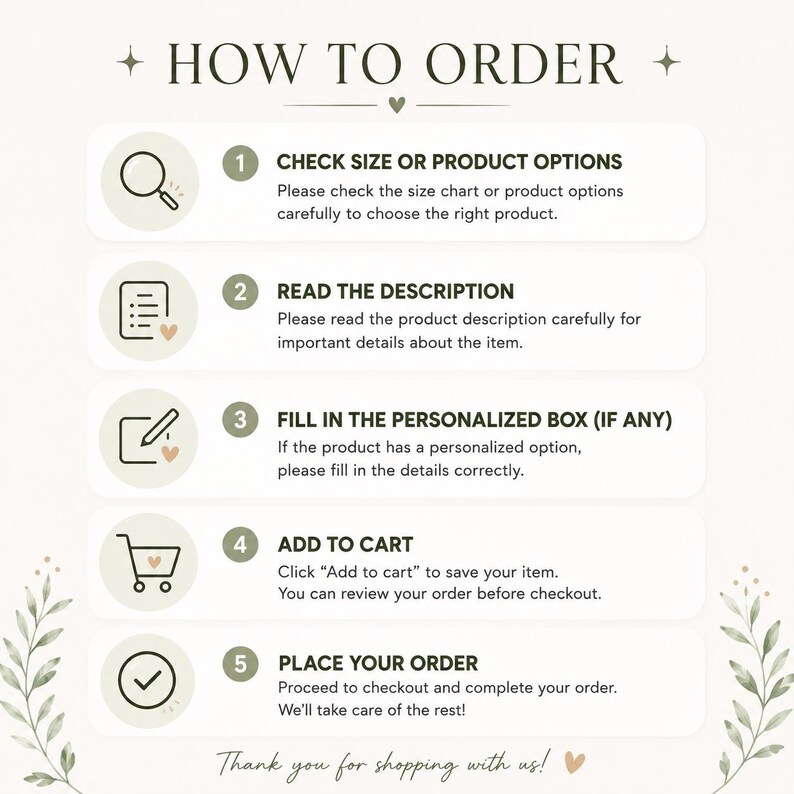 Pu&ograve; includere: Un grafico di istruzioni intitolato HOW TO ORDER con cinque passaggi numerati. Le icone includono una lente d'ingrandimento, una lista, una matita, un carrello e un segno di spunta. Il testo descrive come controllare le opzioni, leggere le descrizioni, compilare la personalizzazione, aggiungere al carrello ed effettuare l'ordine.