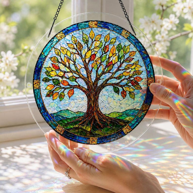 Pu&ograve; includere: Un acchiappasole circolare in vetro colorato raffigurante un albero con foglie multicolori nelle tonalit&agrave; del giallo, arancione e verde. L'albero ha tronco e radici marroni, su un cielo azzurro e colline verdi, con un bordo blu.