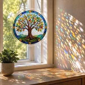 Pu&ograve; includere: Un acchiappasole circolare in vetro colorato raffigurante un albero con foglie multicolori, un tronco marrone e colline verdi. L'oggetto &egrave; incorniciato da un bordo blu e appeso a una catena d'argento, proiettando vivaci motivi luminosi.