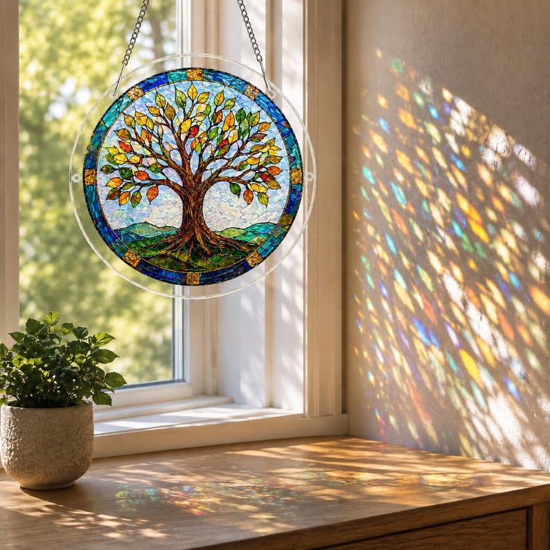 Pu&ograve; includere: Un acchiappasole circolare in vetro colorato raffigurante un albero con foglie multicolori, un tronco marrone e colline verdi. L'oggetto &egrave; incorniciato da un bordo blu e appeso a una catena d'argento, proiettando vivaci motivi luminosi.
