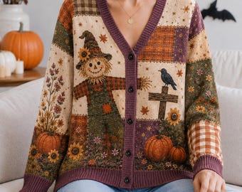 Gilet patchwork citrouille épouvantail, pull d'automne, gilet d'Halloween, gilet d'automne, gilet effrayant, pull à carreaux d'Halloween