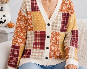 Gilet patchwork vintage d'automne, pull à fleurs d'automne, gilet d'automne douillet, tenue de Thanksgiving, gilet fleuri d'automne, pull à carreaux d'automne