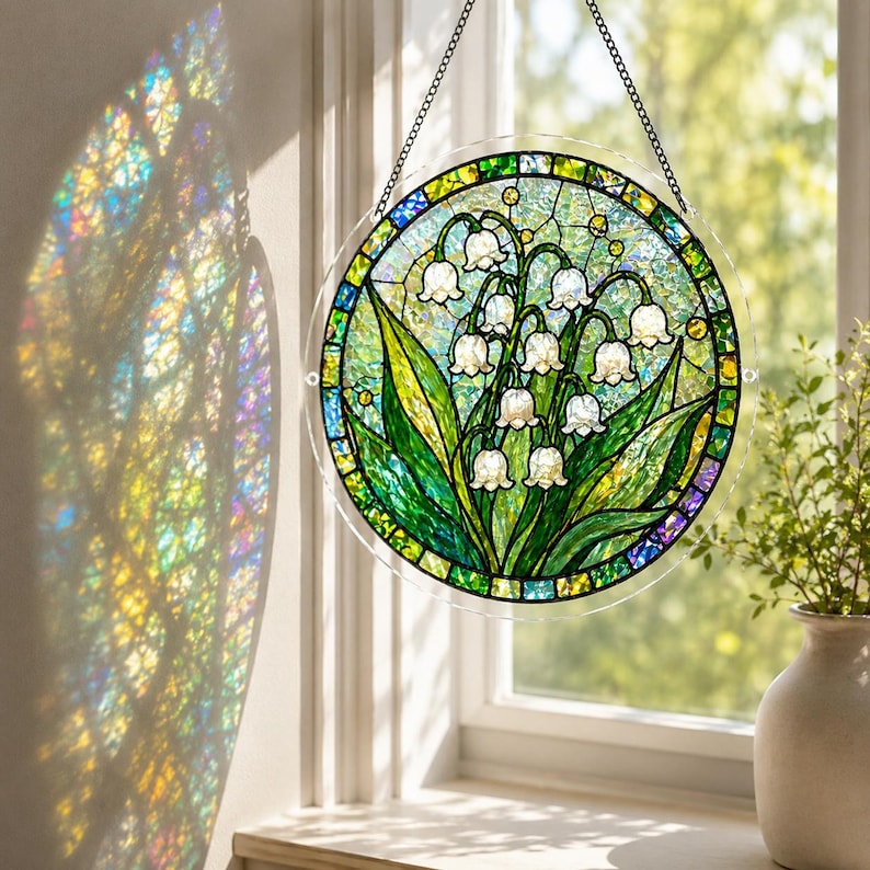 Pu&ograve; includere: Un acchiappasole circolare in vetro colorato raffigurante un grappolo di mughetti bianchi con foglie verdi, racchiuso da un bordo decorativo di pezzi di vetro blu, verdi e gialli, sospeso tramite una sottile catena metallica davanti a una finestra.