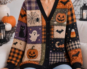 Gilet patchwork citrouille vintage, pull chauve-souris effrayant, gilet d'automne, gilet d'Halloween, pull pour la saison des frissons, tenue pour la chasse aux bonbons