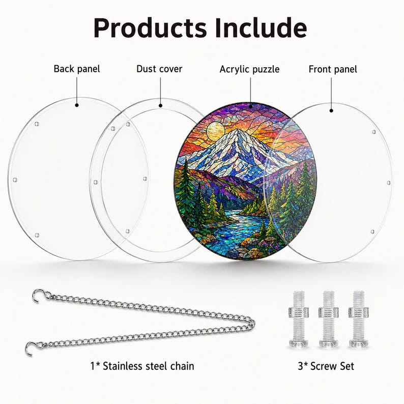 Pu&ograve; includere: Un puzzle circolare in acrilico raffigurante un paesaggio montano in stile vetrata con fiume, sole e alberi. I componenti includono un pannello posteriore trasparente, una copertura antipolvere, un pannello frontale, una catena in acciaio inossidabile e tre set di viti.