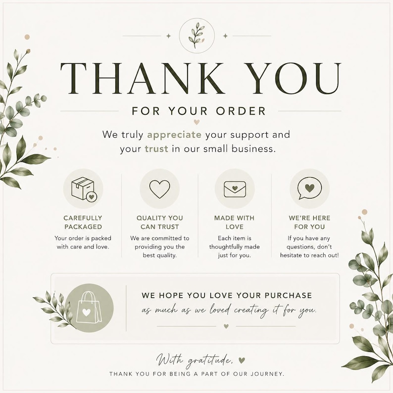 Puede incluir: Una tarjeta de agradecimiento cuadrada con texto en verde oscuro e ilustraciones de hojas bot&aacute;nicas. La tarjeta incluye las frases Thank You For Your Order, Carefully Packaged, Quality You Can Trust, Made With Love, We're Here For You y We Hope You Love Your Purchase.