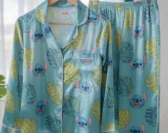 Disney Stitch Satin Pajamas Set, Tropical Stitch Pajamas, Disneyland Family Trip Pajamas, Magic Kingdom Pajamas, Disney Matching Pajamas Set