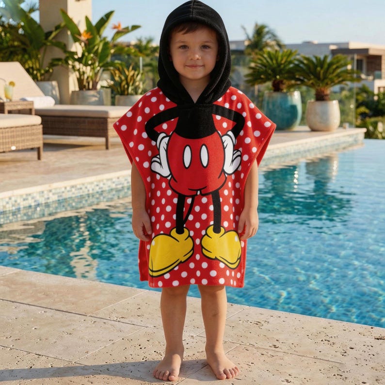 May include: A red and white polka-dot hooded towel featuring a Mickey Mouse design. The towel has a black hood and yellow shoes on the character. The child is standing near a pool.