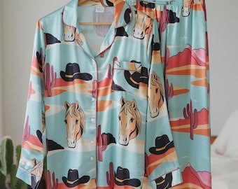 Pijama de satén de vaquera, pijama de vaquera, pijama de caballo y botas de vaquera, pijama occidental, pijama de vaquero, pijama a juego para niña